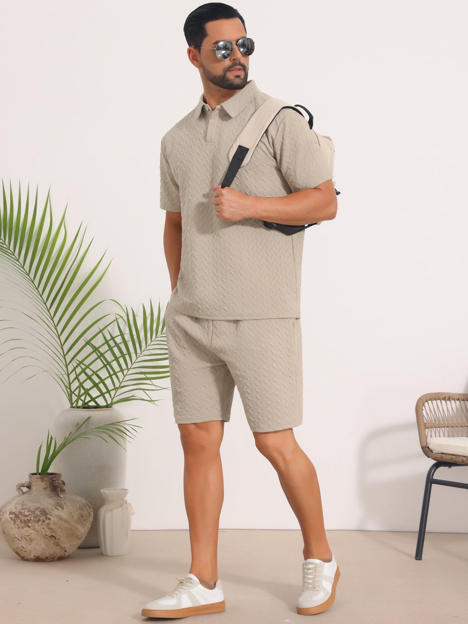 DARING DIVA Men's 2 Pieces Jacquard Polo Shirt & Drawstring Shorts Outfits L Beige