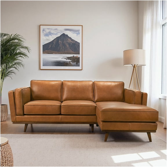 JERFIT Genuine Leather 3-Seater Sofa, Right-Facing Sectional Couch with Removable Cushions & Solid Wood Legs for Living Room, Tan