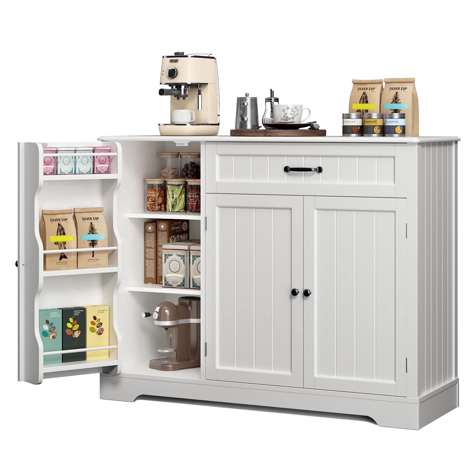 Coffee Bar Cabinet, Lofka 42" Farmhouse Kitchen Storage Sideboard Buffet Cabinet with 8 Shelves & 1 Drawer, Multifunctional Console Table for Dining Room Living Room Entryway Home Coffee Station, Whi