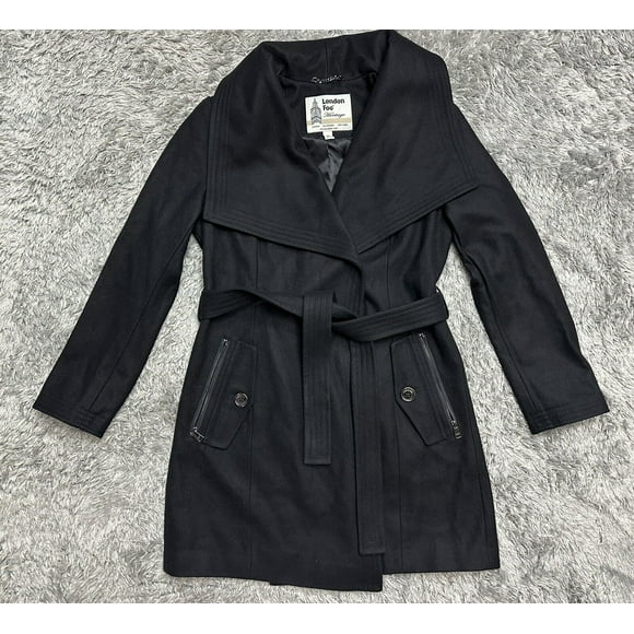London Fog  Wool-Blend Envelope Collar Belted Coat size S in black