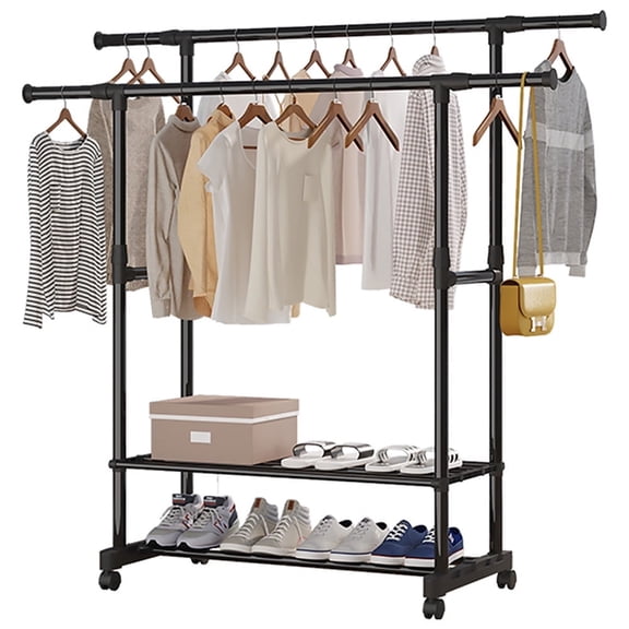 Adjustable Double Rod Rolling Clothes Rack with Shelves, Portable Garment Rack with Wheels and 2-Tier Shoe Storage for Bedroom, Entryway or Closet