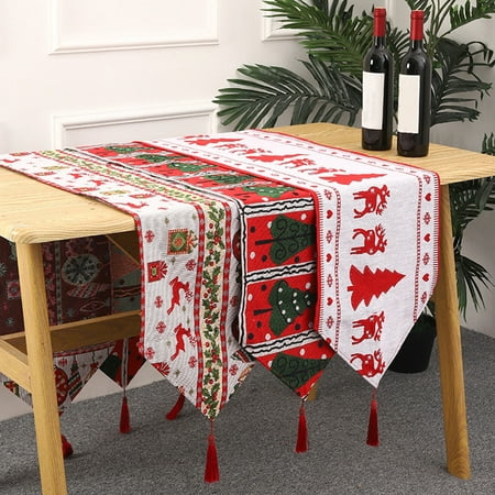 

GROFRY Christmas Table Runner Seasonal with Tassels Thicker Washable Anti-shrink Scene Layout Knitted Fabric Xmas Themed Print Winter Dining Table Cloth for Kitchen