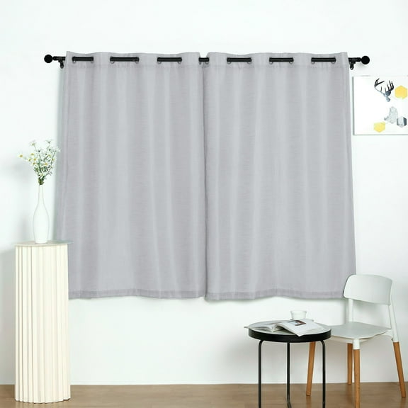 Efavormart Pack of 2 52"x64" Silver Faux Linen Curtains, Semi Sheer Curtain Panels with Chrome Grommet for Living Room Home Decor Window Privacy Linen Textured Drapes