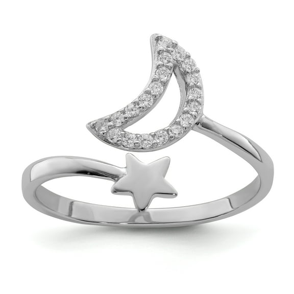 Primal Silver Sterling Silver Rhodium-plated Cubic Zirconia Moon and Star Ring