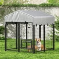 View of Outdoor Dog Kennel with Roof, Dog Kennel Outside with 2 Dog Bowls ...