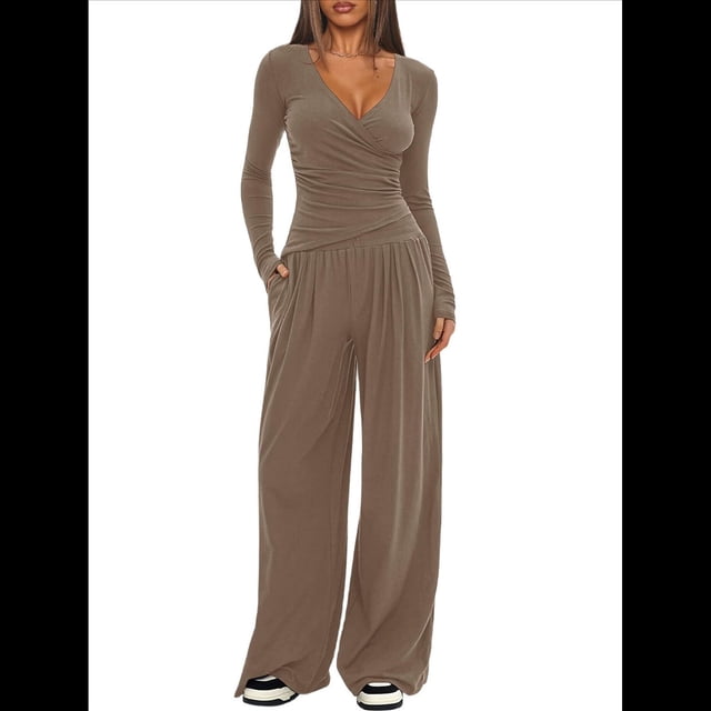 Conjuntos de 2 Piezas para Mujer para Estar en Casa en Otoño, Camisetas con Cuello Redondo y Pantalones Anchos, Conjuntos Casuales A Juego. Caqui L
