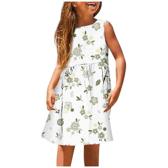 BYHONG Robes d'Été Décontractées pour Filles Mode Mignonne Printemps et Été Imprimé Col Rond Sans Manches Robe Décontractée (1) Blanc 9-10 Robes d'Été pour Filles