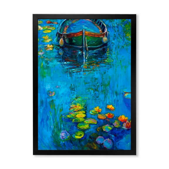 Designart 'Boat In Blue Lake' Nautical & Coastal Framed Art Print