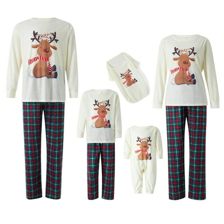 

Family Christmas Pajamas Matching Set Elk Print Sleepwear Long-Sleeve Tops Plaid Pants Set Pajamas Outfits