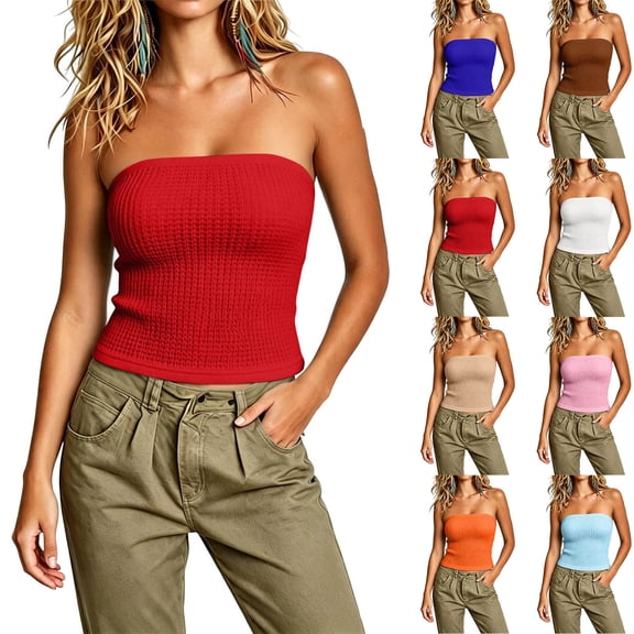 Women's Solid Color Casual Ruched Side Strapless Tube Top Ribbed Knit Bandeau Top Summer Skinny Shirt Red XL(XL)