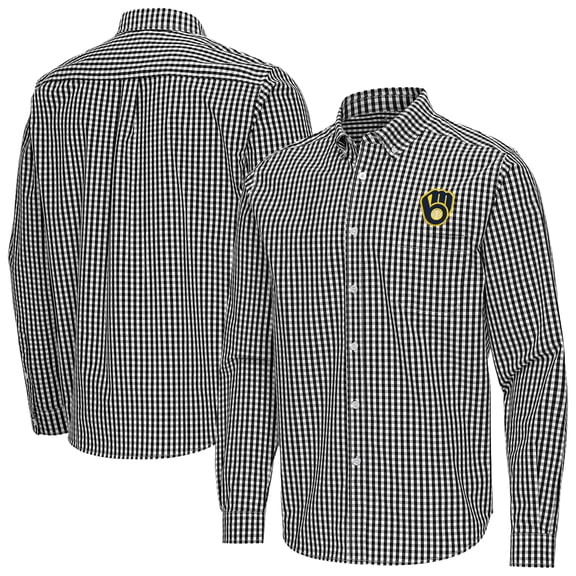 Men's Antigua Black Milwaukee Brewers Ellis Woven Tri-Blend Button-Down Shirt