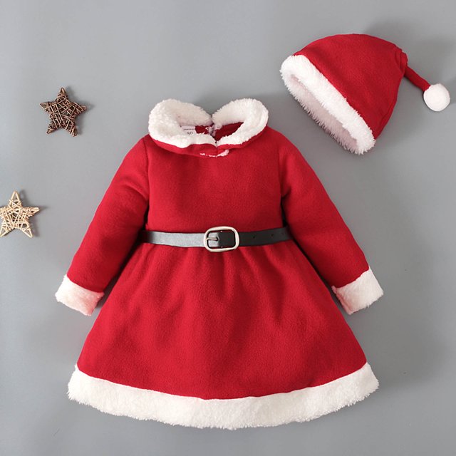 Vestido + sombrero + cinturón navideño para niñas Herrnalise, traje de tres piezas en liquidación por menos de $10