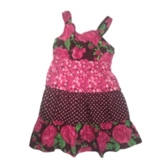 Girls Brown & Pink Flower Sundress Roses & Dots Tier Sleeveless Summer Dress 2T