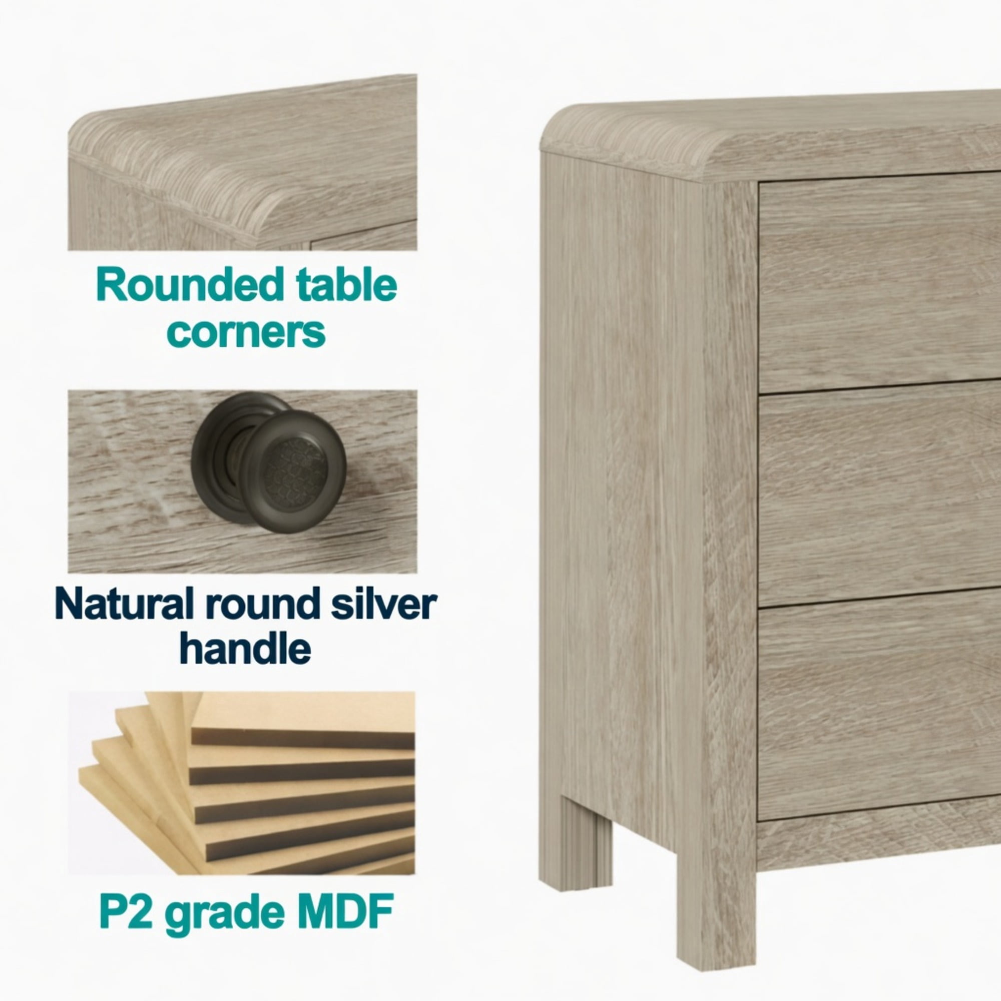 23.6" Width Natural Wood 3 Drawer Chest of Drawers - Modern Rounded Corner Design