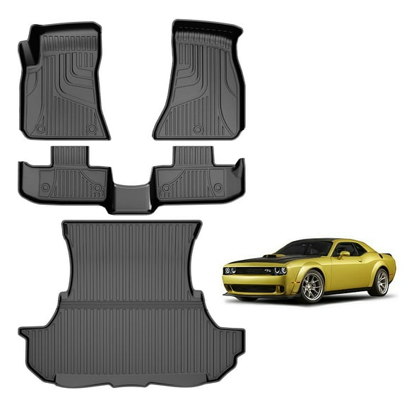 DIKSOAKR Floor Mats and Trunk Mat For Dodge Challenger RWD 2015-2023 - Custom Fit TPE Floor Liners for Challenger 1st & 2nd Row & Trunk Mat , Black