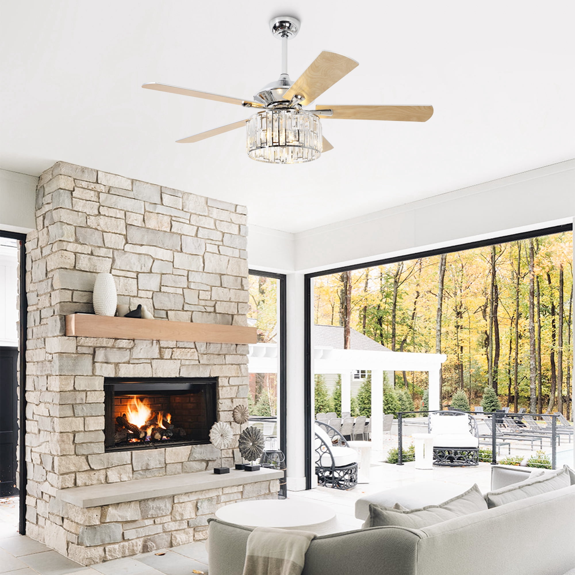 Parrot Uncle 52" Crystal Chandelier Ceiling Fan with Remote and Lights, Double-Sided Blades Fandelier, Chrome