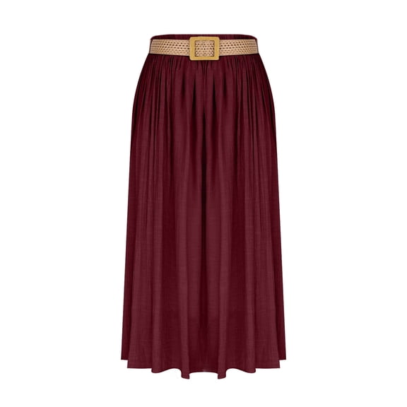 Alkepwun Long Skirts Women Casual Wrinkle Solid Color Elastic Waist Wide-Hem A-Line Maxi Skirt with Belt Simple Flowy Boho Skirts for Ren Faire Cottagecore Beach