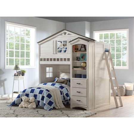 Wood Weathered White & Gray Loft Bed + Bookshelf by Acme Tree House 37165-2pcs