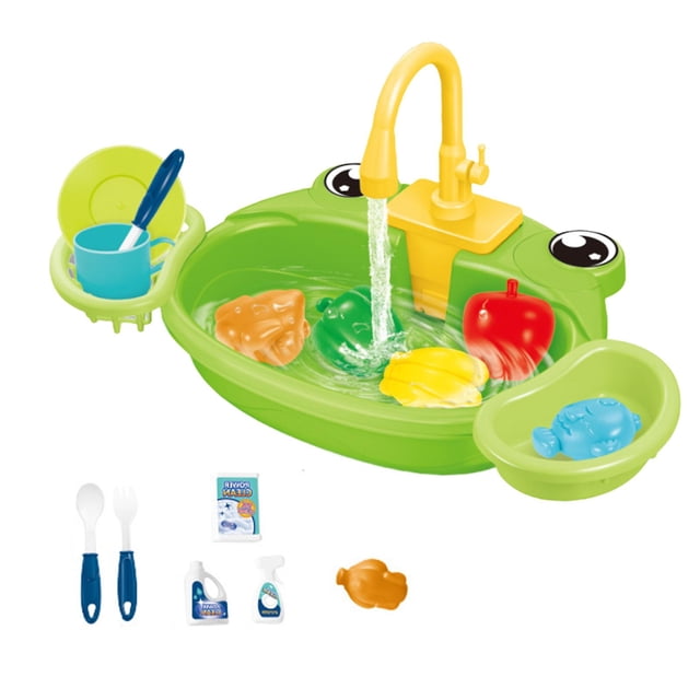 Fregadero de Cocina de Juguete para Niños, Accesorios de Juguete con Juego para Correr, Agua, Comida, Fregadero para Niños, Juego de Lavavajillas para rana verde