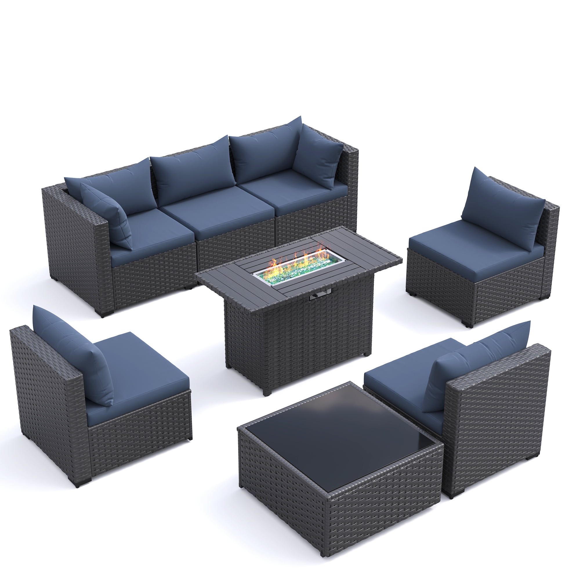 MRUAKA 8 Pieces Patio Furniture Set with Fire Pit Table, Outdoor Furniture Sectional Rattan Sofa, Patio Couch with Glass Coffee Table for Backyard Garden (Navy)