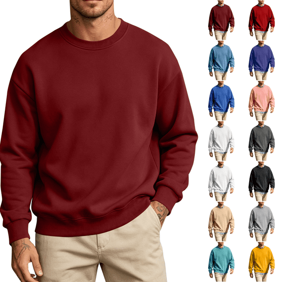 cocolona Mens Solid Color Fleece Sweatshirt Fall Winter Crew Neck Long Sleeve Shirts Fashion Casual Loose Pullover Tops