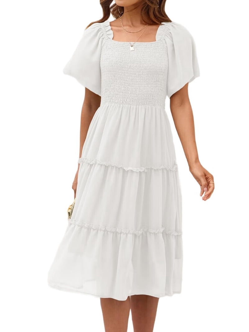 Women'S Summer Casual Flutter Sleeve Square Neck Smocked Midi Dress White XL
