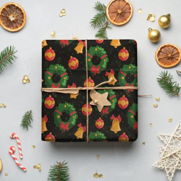 Merry Christmas Santa Hat Pattern Wrapping Paper for Festival Parties Wedding Birthday Xmas Wrap Pack of 5 19x27.5 Multicolor/ Christmas Wrapping Paper Garland on Black Background