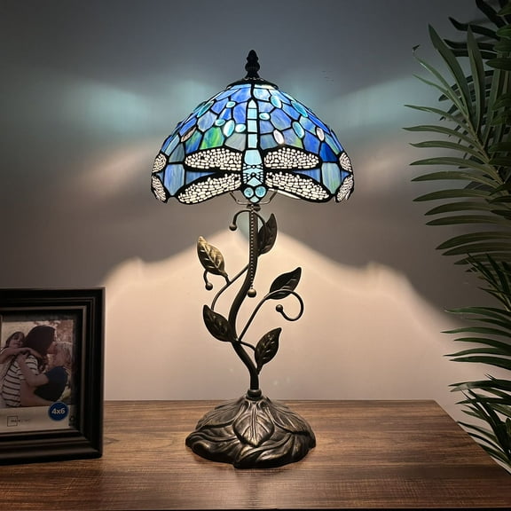 Tiffany Table Lamp Dragonfly Blue Stained Glass Included LED Bulb for Living Room Bedroom Bedside 10"W*10"D*20"H
