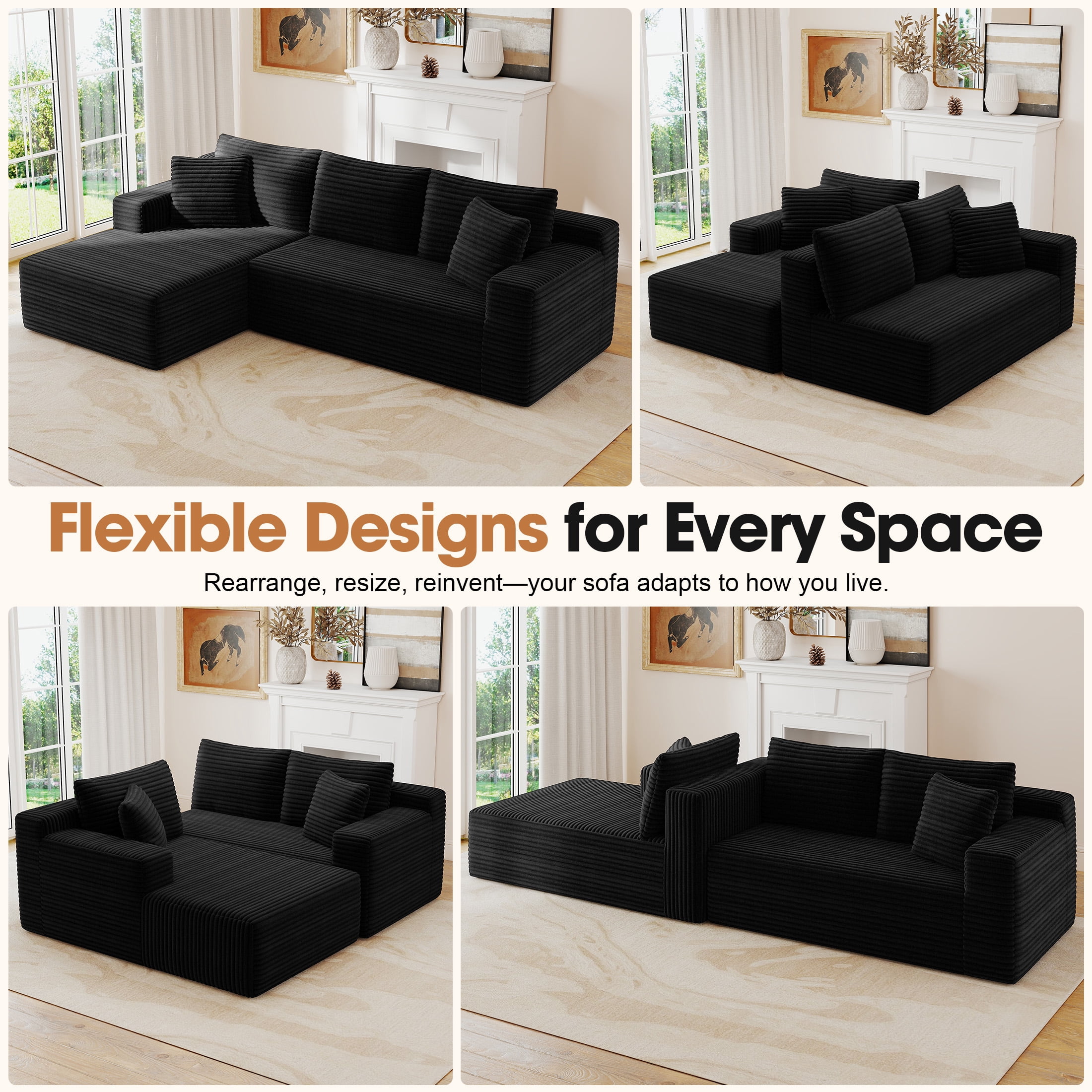 Aukfa Modular Sectional Sofa with Chaise, 95" Boneless Cloud Couch for Living Room, Black