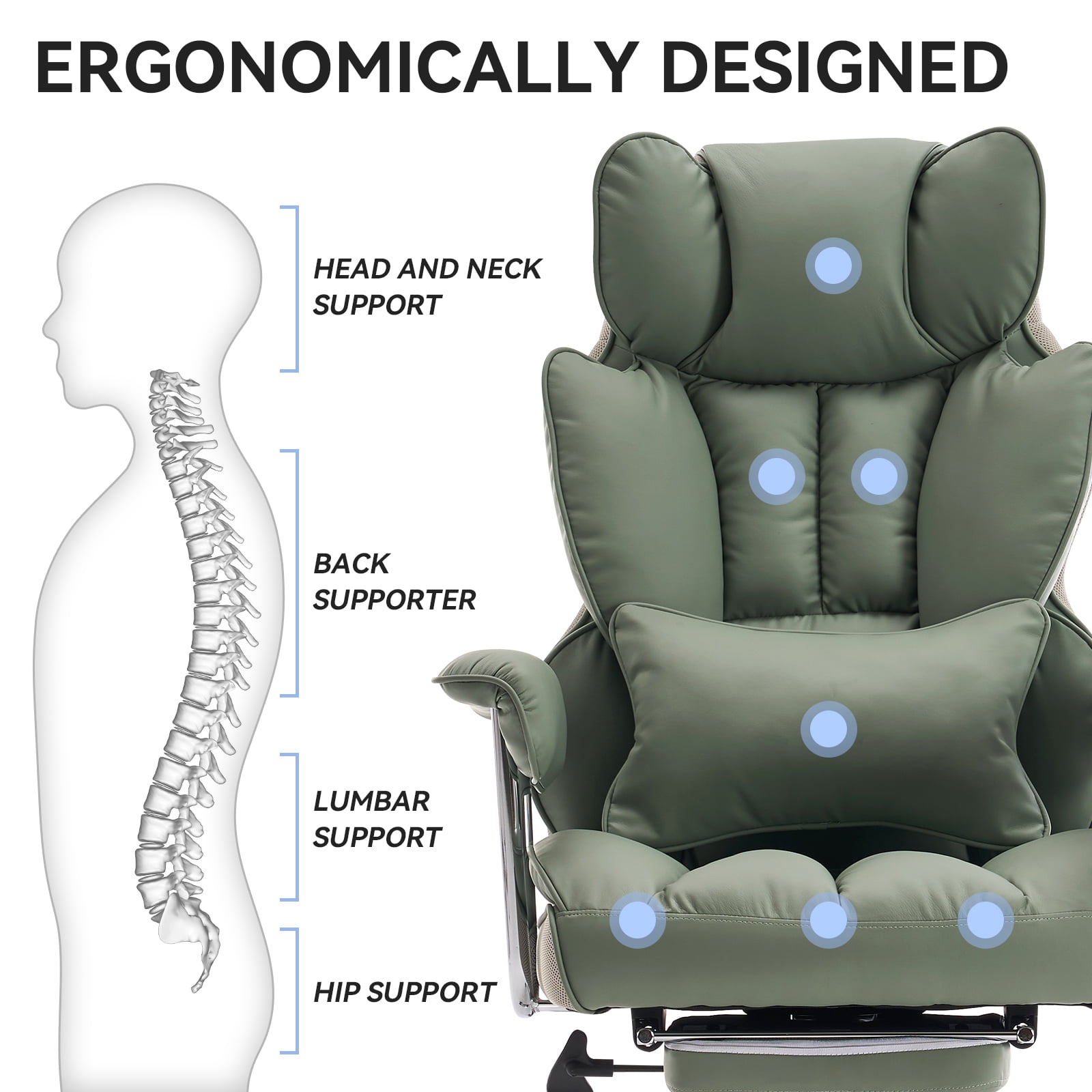 ATMILD 400 lbs Big and Tall Ergonomic PU Leather Office Chair with Footrest, Green