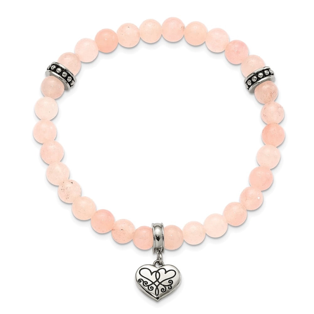 Diamond2Deal Stainless Steel Heart Dangle 6.5mm Pink Jade Beaded Stretch Bracelet for Women