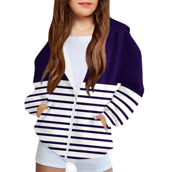 Ugoldhm Striped Zip-Up Coats for Girl Lightweight Hoodie Jacket, Casual Fall Winter Outerwear for 4-12 Years
