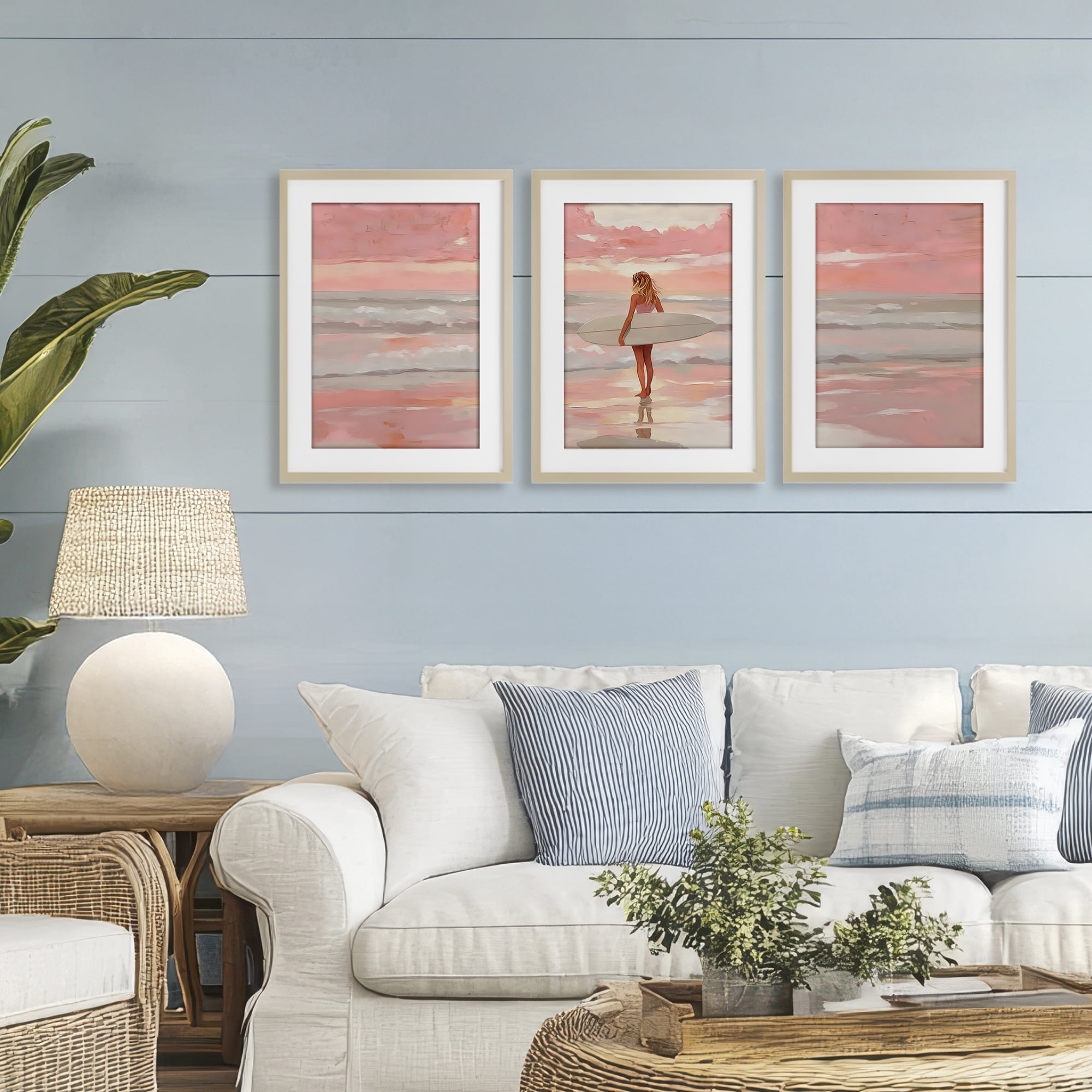 Stupell Industries Pink Sky Surfer Sunrise 3 Piece Birch Framed Print Under Glass Set, design by LSR Design Studio