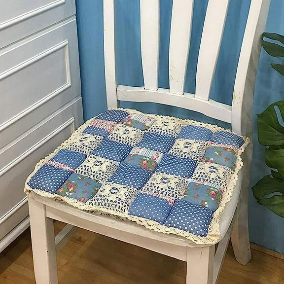 Firefly Hope 16"x16" Patchwork Chair Pad with Ties, Non-Slip Chair Cushion with Lace Trim, Farmhouse Floral Print for Kitchen Dining Seat, Blue A