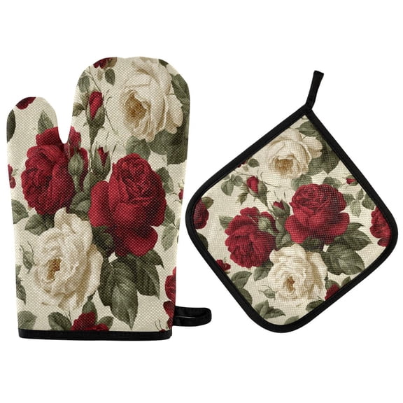 Heat-Resistant Reversible Oven Mitts and Pot Holders Set Double-Sided Insulated Gloves Kitchen Home Supplies Red and White Roses
