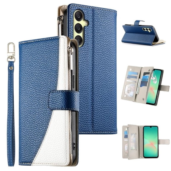 For Samsung Galaxy A16/A26 5G 6.7" Splicing Multi Card Slots/Pocket Zipper Wallet Strong Magnetic Attachment/Closure, PU Leather Flip Wallet Case With Hanging Rope,Dark blue,For Galaxy A16/A26(5G)