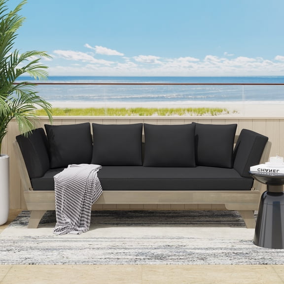 Ottavio Acacia Wood Outdoor Daybed Sofa - Grey, Water-Resistant Cushions, Expandable Design (65.5"W) for Patio, Backyard, Garden Lounging