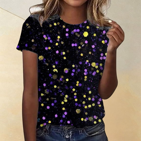 YMNXA Women's T Shirt Sequin Round Neck Short Sleeve Comfortable Breathable Top For Celebration And Daily Wear,Black,L