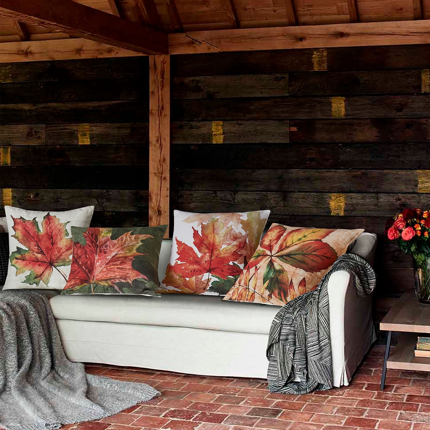 Autumn Series Printed Decorative Throw Pillow Covers for Thanksgiving, Maple, 18" x 18", Set of 4