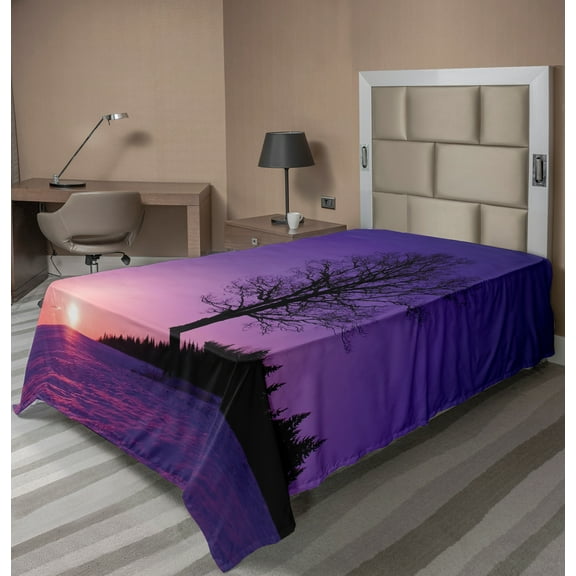 Ambesonne Tree Flat Sheet, Sunset Nature Landscape, TwinXL Size, Purple Black