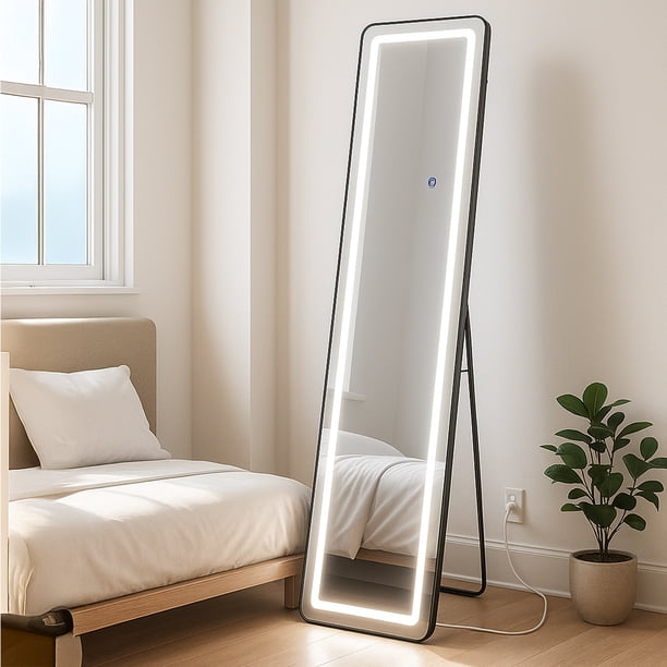 Espejo de Piso Cuerpo Completo con Luz Led de 3 Tonos Soporte y Marco Diseño Minimalista - Espejo de Pie y Pared para Dormitorio Recamara Sala Baño e Interiores 143 cm