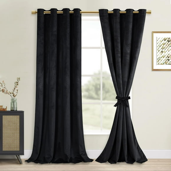 Hiasan Rideau en Velours de Luxe avec Embrasses - Rideaux Occultants pour Chambre/salon, Noir, à Oeillets, 52 Pouces x 96 Pouces, Ensemble de 2
