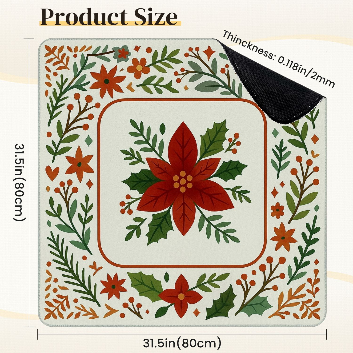 Mahjong Mat 31.5" x 31.5" Festive Poinsettia Flower Holiday Greenery Red Floral Anti-Slip and Noise Reduction Symmetry Design Mahjong Tiles Table Cover for Dominoes Poker Card Board and Tile Games