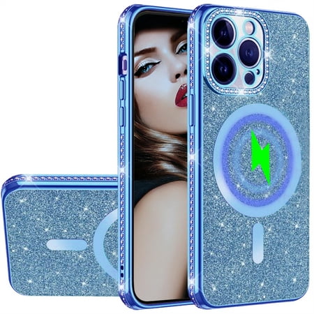 CCSmaller for iPhone 15 Pro Max Glitter Case with Camera Lens Protector, Slim TPU Clear Magnetic Case with Magsafe Shiny Rhinestone Bling Sparkly Diamond Cover for iPhone 15 Pro Max CZ Blue