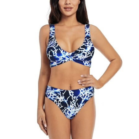 Zeuib Blue Lightning2 High Waisted Tummy Control Bikini Set - Knot Front Push Up Top & Cheeky Thong Bottom  Two-Piece Swimsuit for Women-Medium