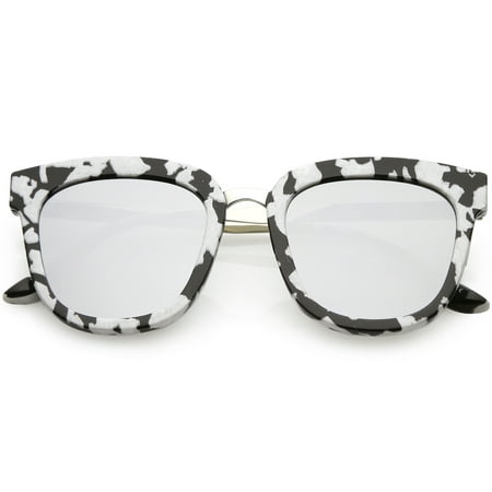 Marble Printed Horn Rimmed Sunglasses Metal Nose Bridge Colored Mirror Square Flat Lens 49mm (Black White Silver /