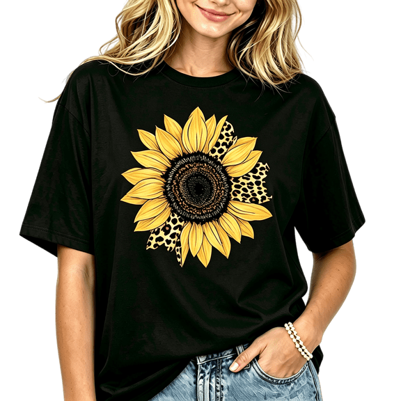 Women's Leopard Print Sunflower Graphic Short Sleeve Crew Neck Casual T-Shirt