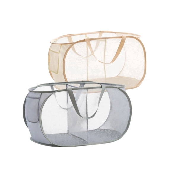 JoySoar 2-Pack Foldable Laundry Hamper, Dual Compartment Mesh Pop-Up Basket with Handles, Collapsible Clothes Storage Bin for Bedroom & Bathroom (Gray & Beige)