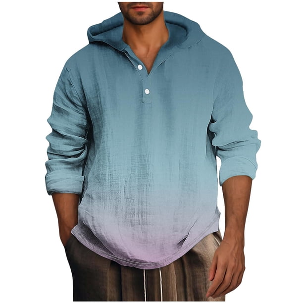 Blusa de manga larga con capucha para hombre, estilo informal, con botones, estampado degradado, de poliéster