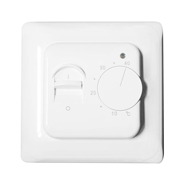 Termostato manual mecánico para calefacción eléctrica, rango de 5 a 40°C, voltaje 110V-230V, material ABS + PC, color blanco, sensor NTC, nivel de protección IP20, incluye sensor, tornillos y manual.